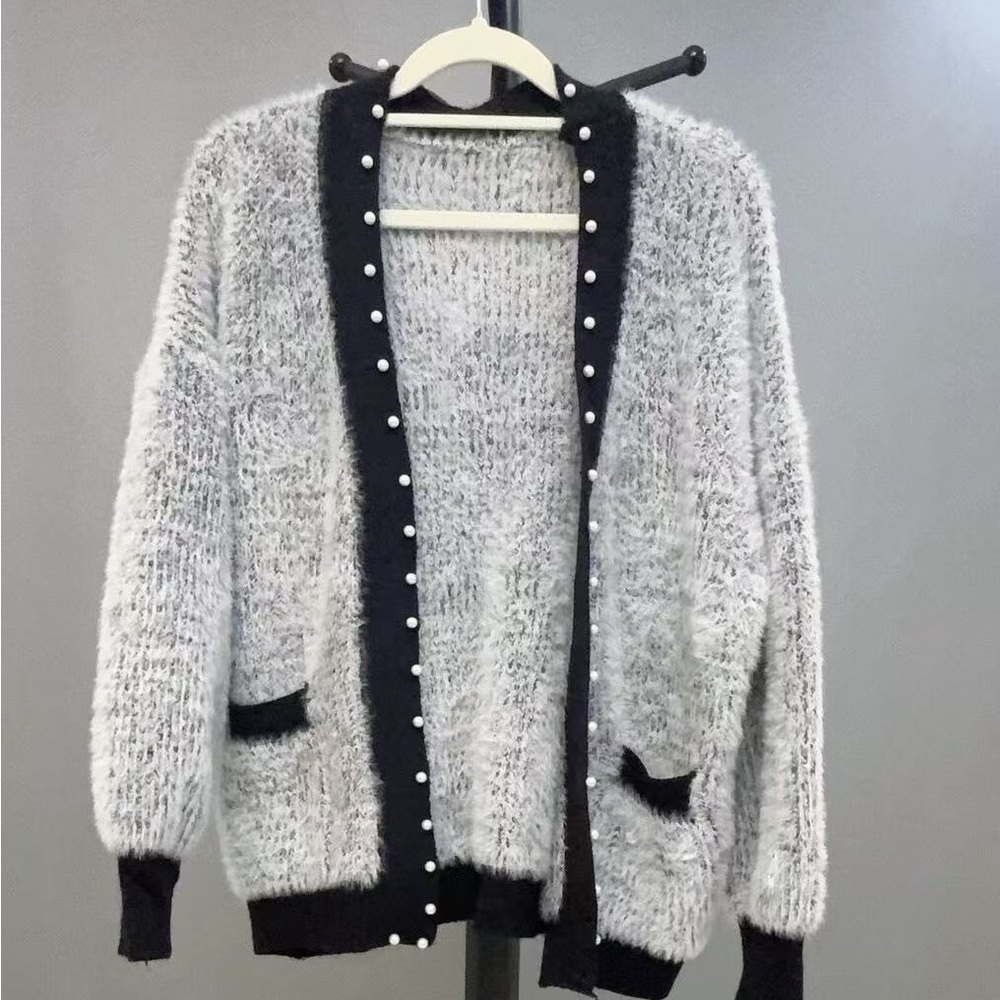 Elegant Black and Gray Women's Cardigan Size L
